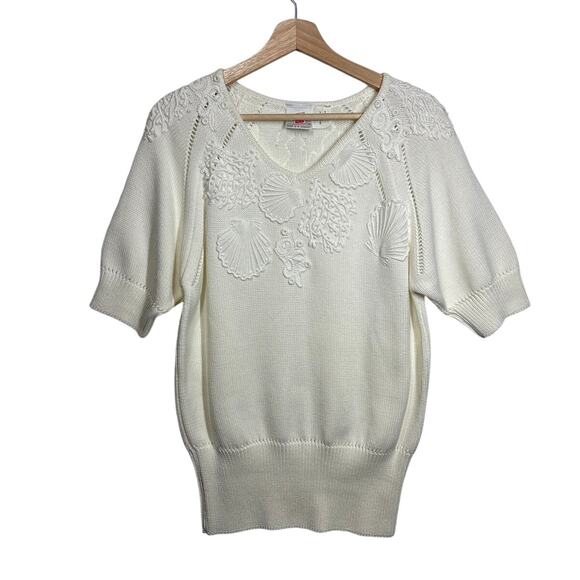Mondi Sweaters - Vintage Mondi White Embroidered Shell Sweater Short Sleeve Knit Top Coastal 38